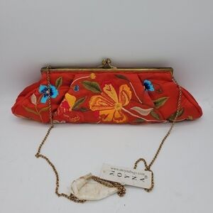 MOYNA from MOYNA Bags, Red Satin Multicolor Floral Satin Clutch.